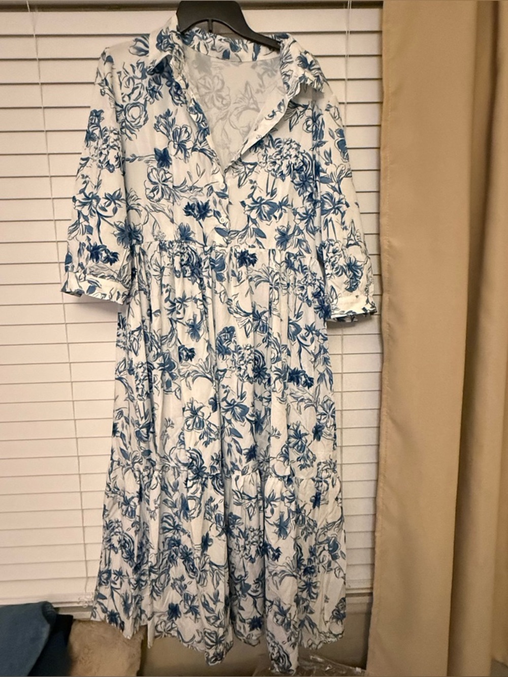 Women's Blue Floral Midi Shirt Dress - Classic White & Blue